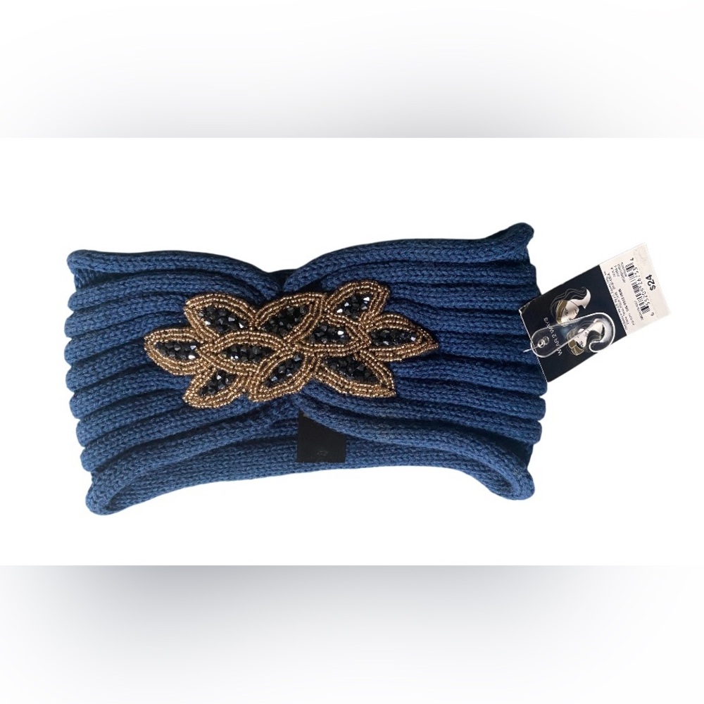 Mixit: Blue Knitted Headband Head Warmer with Black and Silver Beads